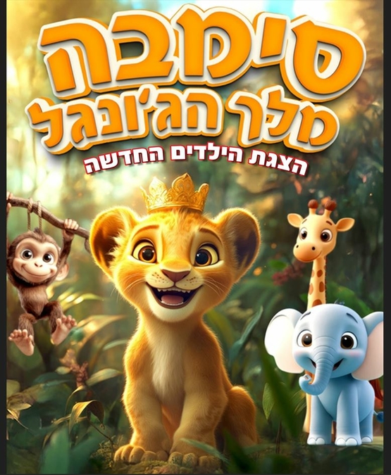 תמונת מופע: סימבה כגור אריות יושב ומחייך עם כתב על הראש ומאחוריו פיל ג'ירפה וקוף