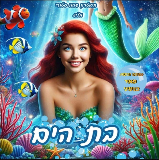 תמונת מופע: בחורה מחייכת עם פרח בשיערה ברגע של מצולות הים עם דגים אלמוגים ובת ים שוחה מאחוריה